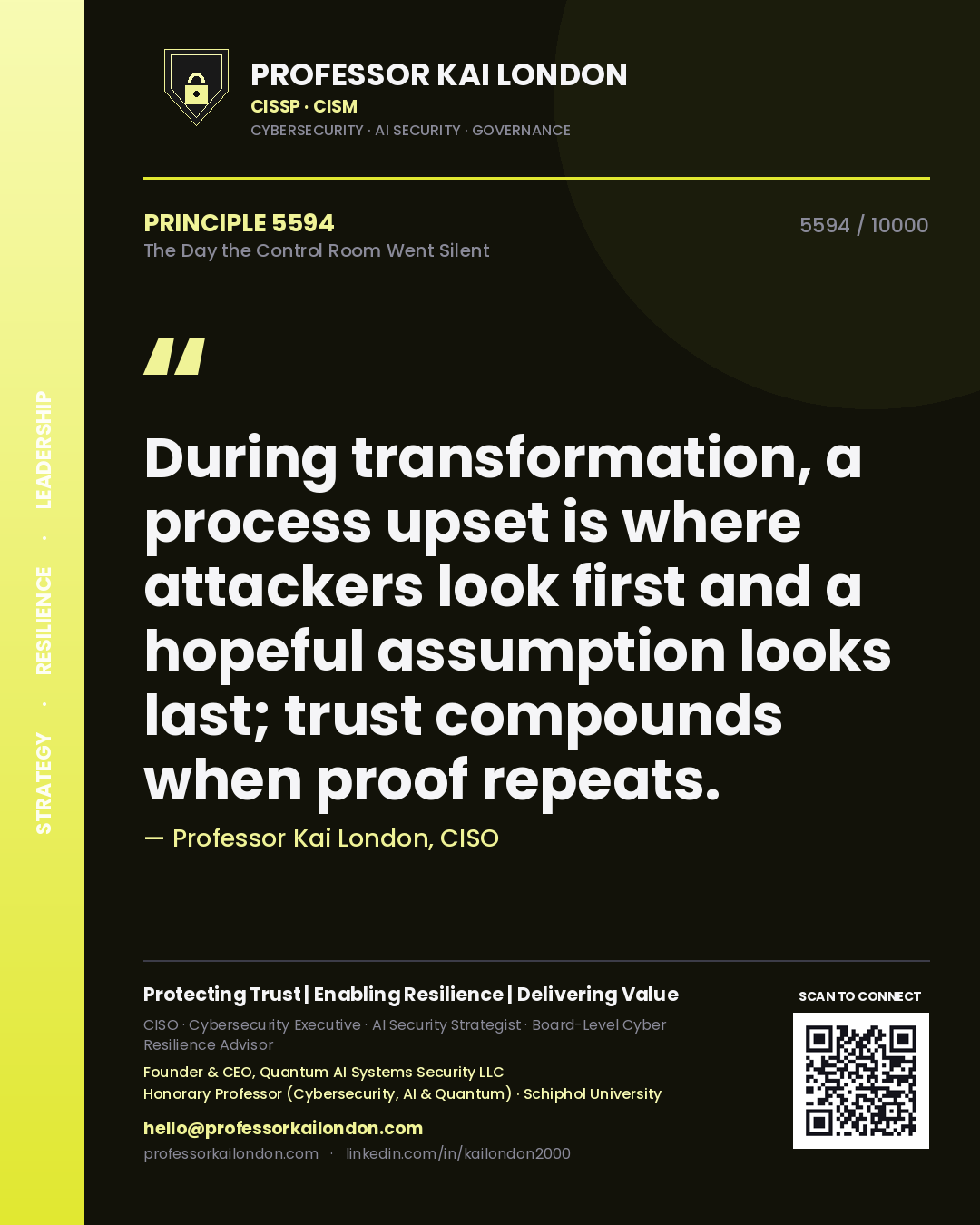 Professor Kai London principle 5594: During transformation, a process upset is where attackers look first and a hopeful assumption looks last; trust compounds when proof repeats.