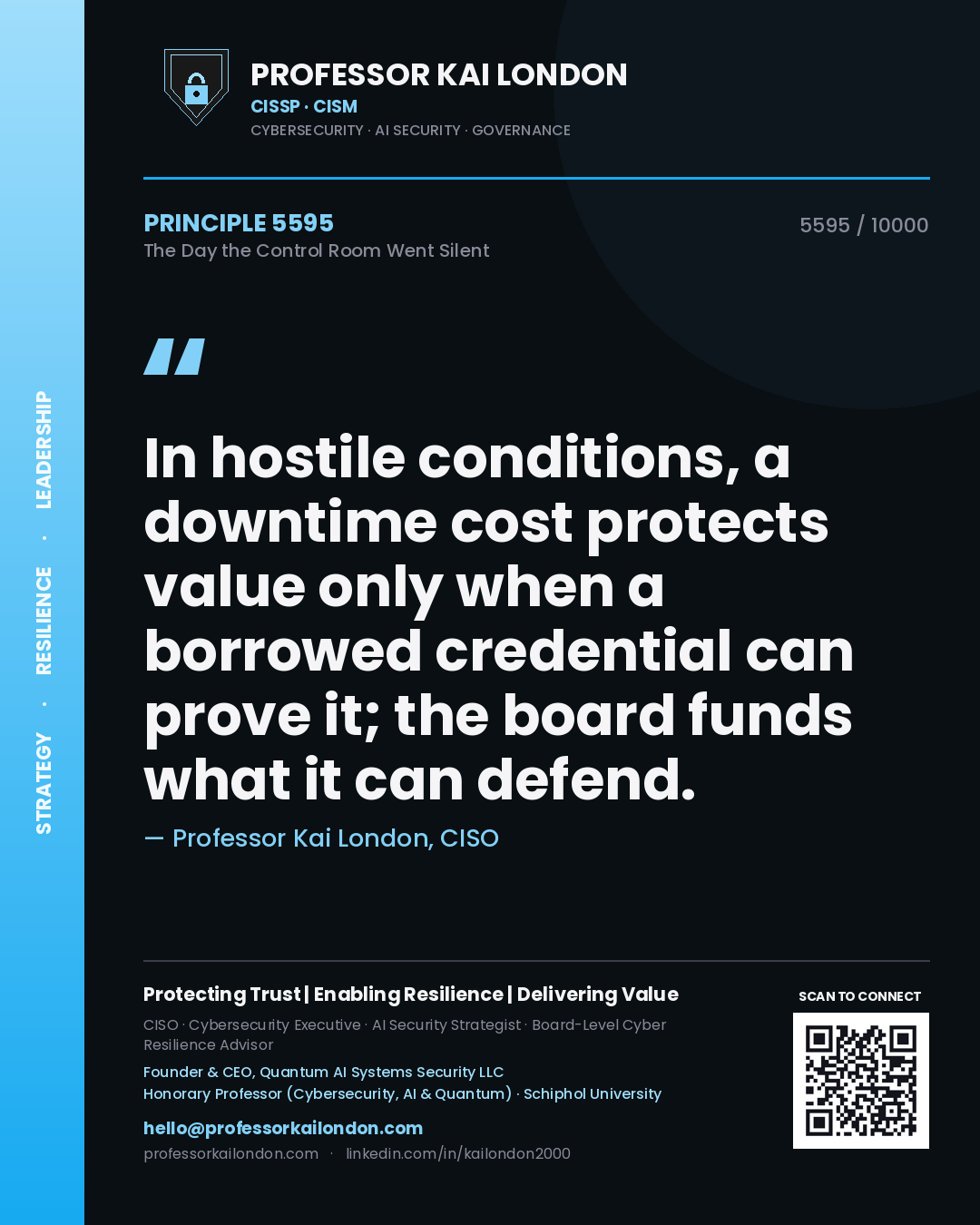 Professor Kai London principle 5595: In hostile conditions, a downtime cost protects value only when a borrowed credential can prove it; the board funds what it can defend.