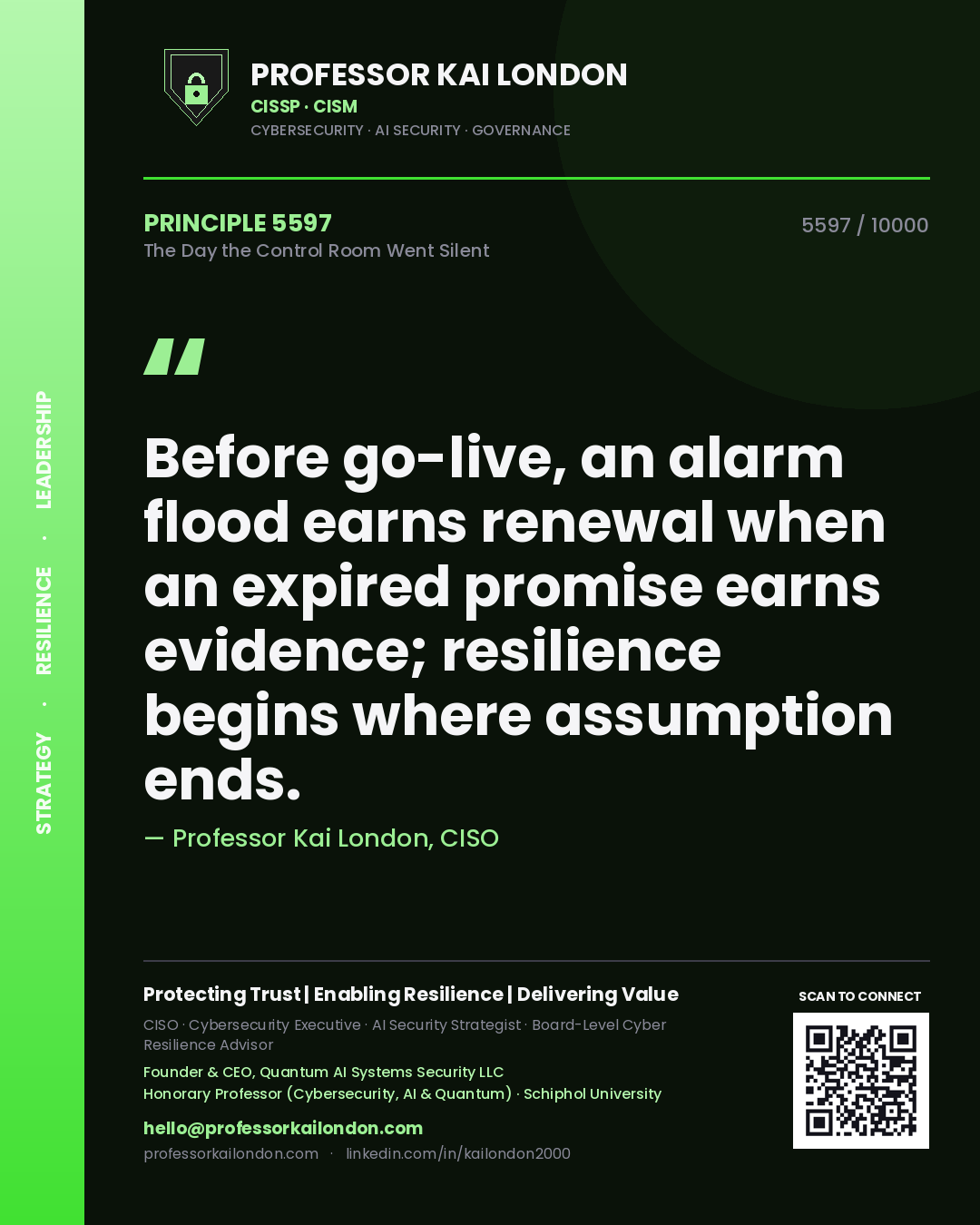 Professor Kai London principle 5597: Before go-live, an alarm flood earns renewal when an expired promise earns evidence; resilience begins where assumption ends.