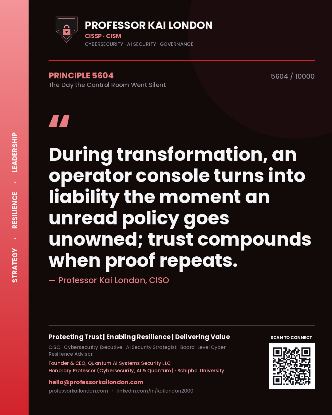 Professor Kai London principle 5604: During transformation, an operator console turns into liability the moment an unread policy goes unowned; trust compounds when proof repeats.