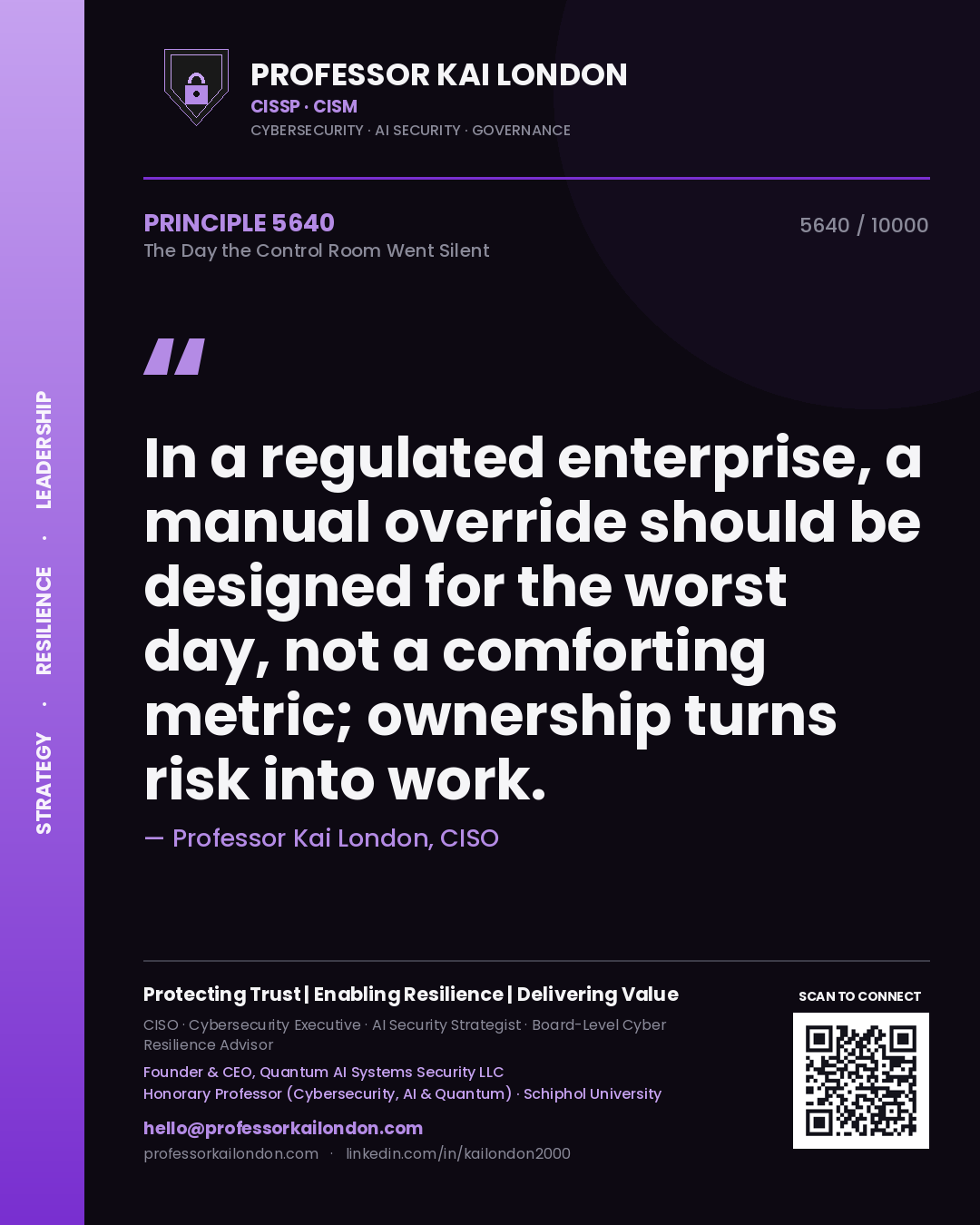 Professor Kai London principle 5640: In a regulated enterprise, a manual override should be designed for the worst day, not a comforting metric; ownership turns risk into work.