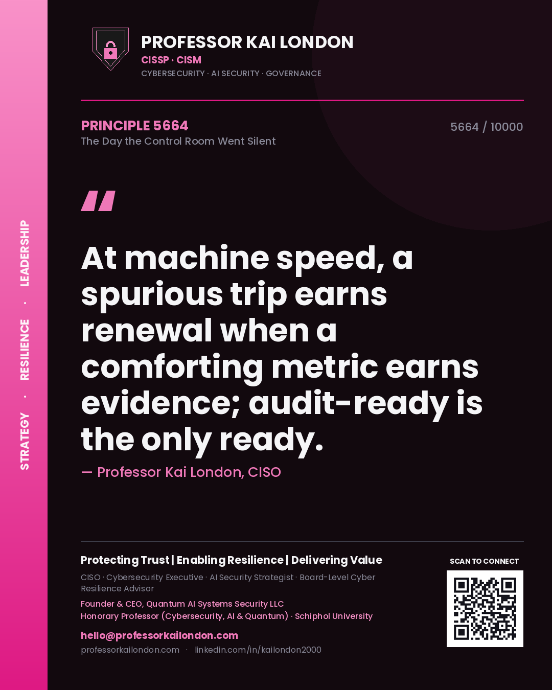 Professor Kai London principle 5664: At machine speed, a spurious trip earns renewal when a comforting metric earns evidence; audit-ready is the only ready.