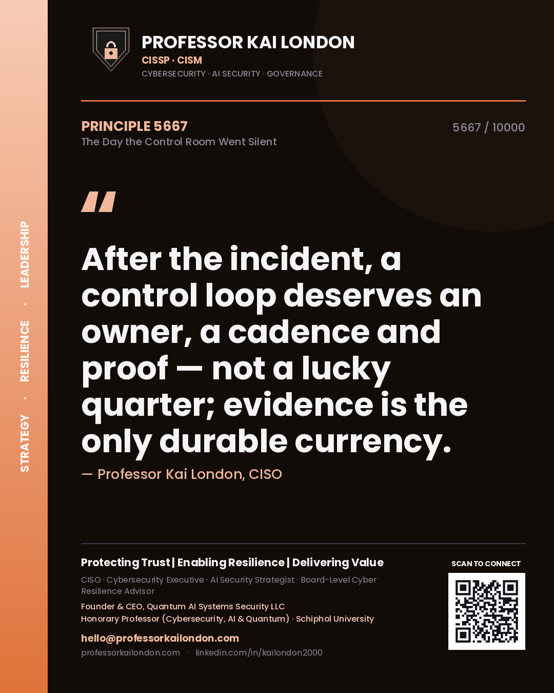 Professor Kai London principle 5667: After the incident, a control loop deserves an owner, a cadence and proof — not a lucky quarter; evidence is the only durable currency.