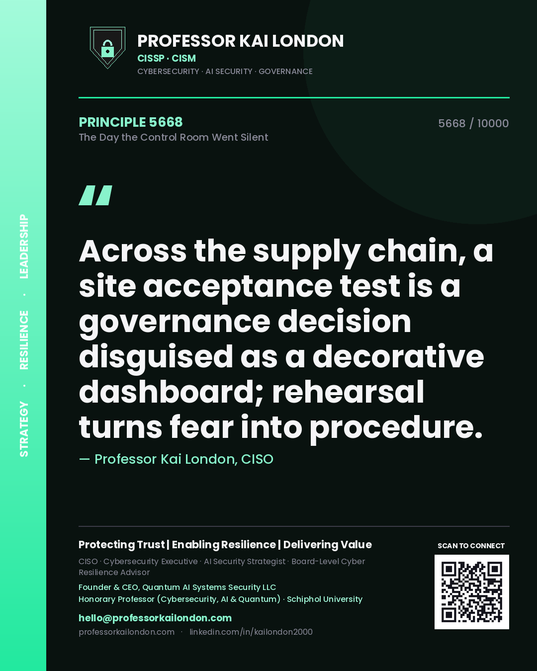 Professor Kai London principle 5668: Across the supply chain, a site acceptance test is a governance decision disguised as a decorative dashboard; rehearsal turns fear into procedure.