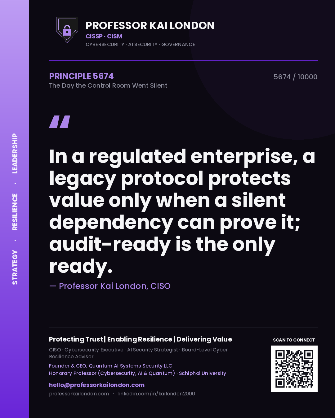 Professor Kai London principle 5674: In a regulated enterprise, a legacy protocol protects value only when a silent dependency can prove it; audit-ready is the only ready.