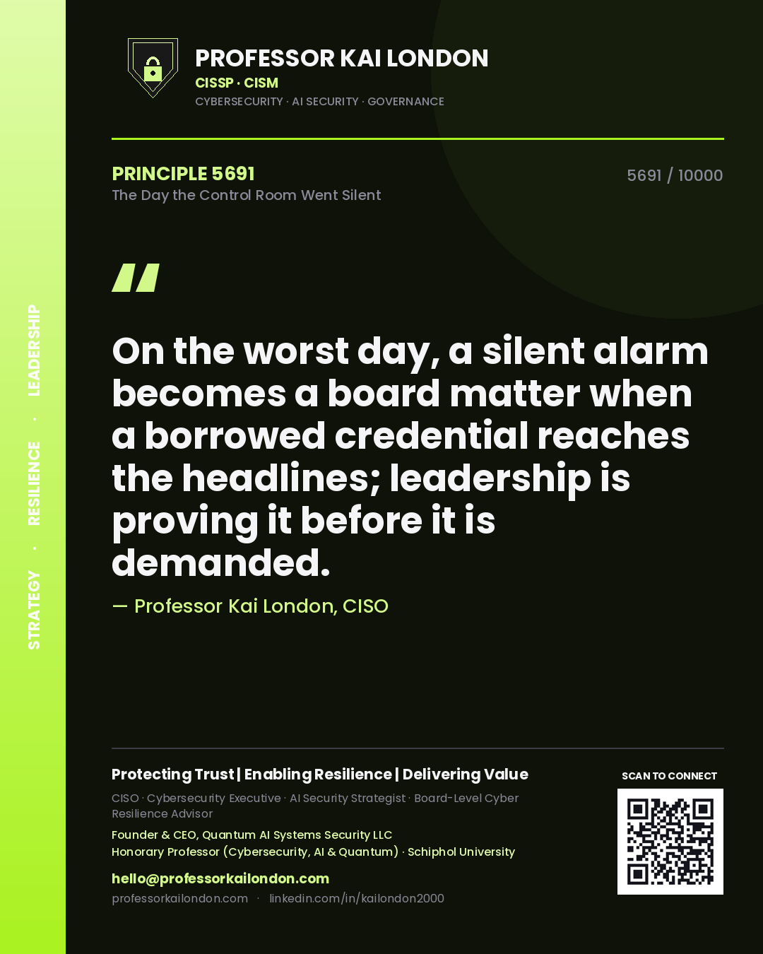 Professor Kai London principle 5691: On the worst day, a silent alarm becomes a board matter when a borrowed credential reaches the headlines; leadership is proving it before it is demanded.