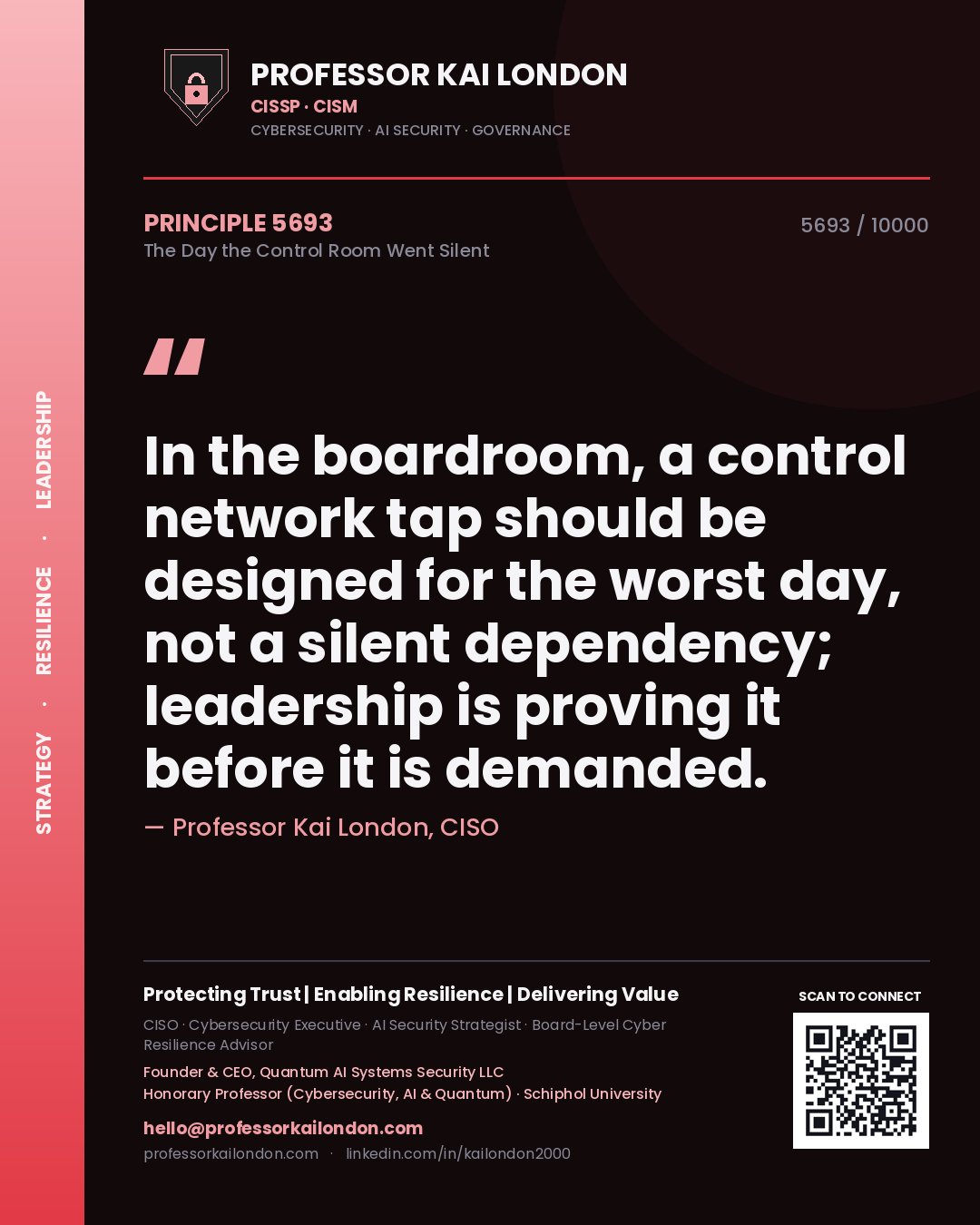 Professor Kai London principle 5693: In the boardroom, a control network tap should be designed for the worst day, not a silent dependency; leadership is proving it before it is demanded.