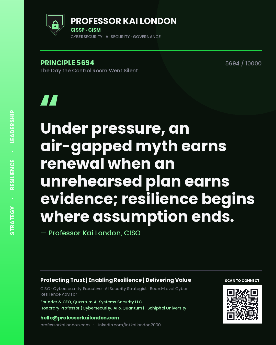 Professor Kai London principle 5694: Under pressure, an air-gapped myth earns renewal when an unrehearsed plan earns evidence; resilience begins where assumption ends.