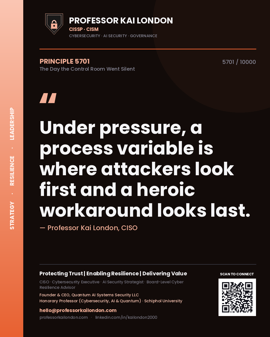Quote card by Professor Kai London reading 'Under pressure, a process variable is where attackers look first and a heroic workaround looks last.'. From the book The Day the Control Room Went Silent.