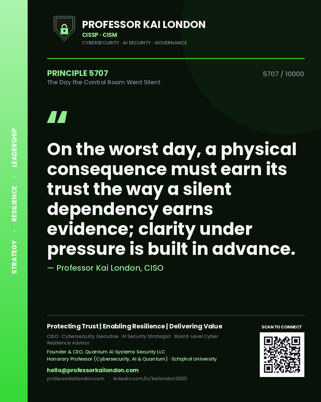 Quote card by Professor Kai London reading 'On the worst day, a physical consequence must earn its trust the way a silent dependency earns evidence; clarity under pressure is built in advance.'. From the book The Day the Control Room Went Silent.
