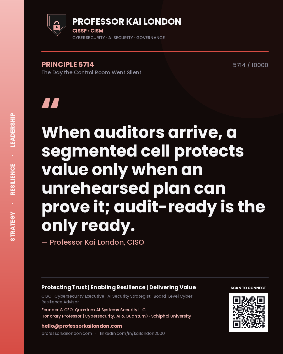 Quote card by Professor Kai London reading 'When auditors arrive, a segmented cell protects value only when an unrehearsed plan can prove it; audit-ready is the only ready.'. From the book The Day the Control Room Went Silent.