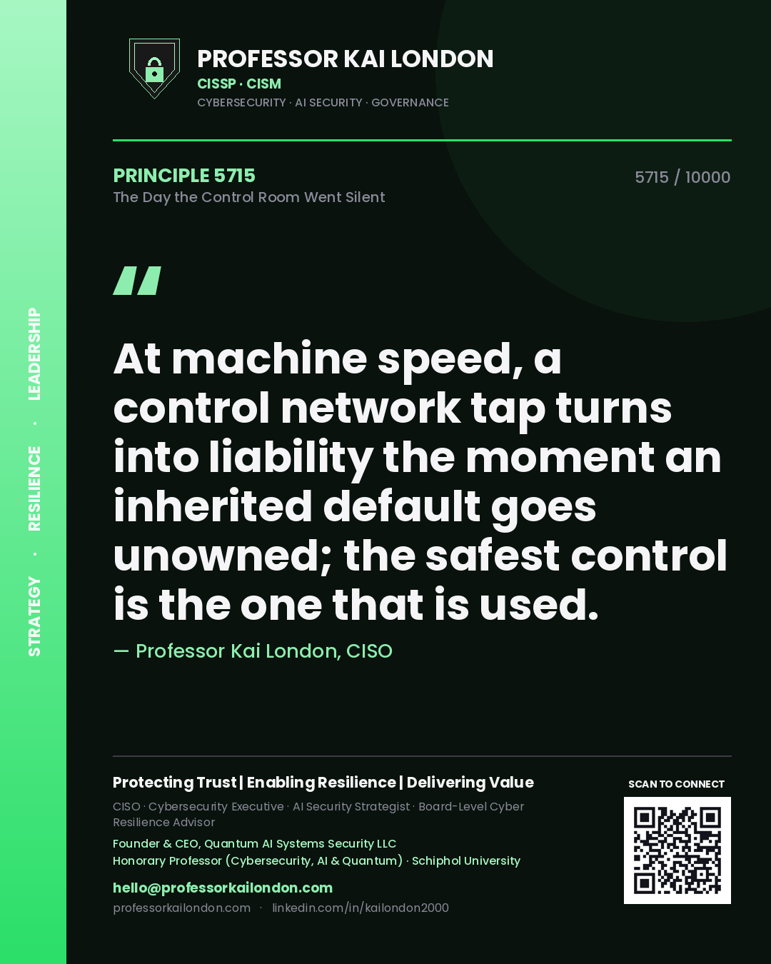 Quote card by Professor Kai London reading 'At machine speed, a control network tap turns into liability the moment an inherited default goes unowned; the safest control is the one that is used.'. From the book The Day the Control Room Went Silent.
