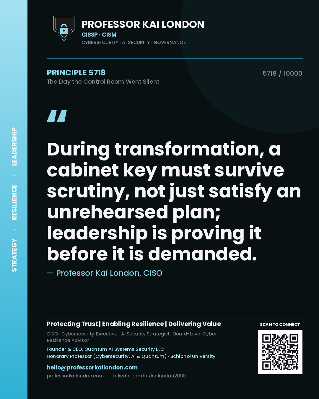 Quote card by Professor Kai London reading 'During transformation, a cabinet key must survive scrutiny, not just satisfy an unrehearsed plan; leadership is proving it before it is demanded.'. From the book The Day the Control Room Went Silent.