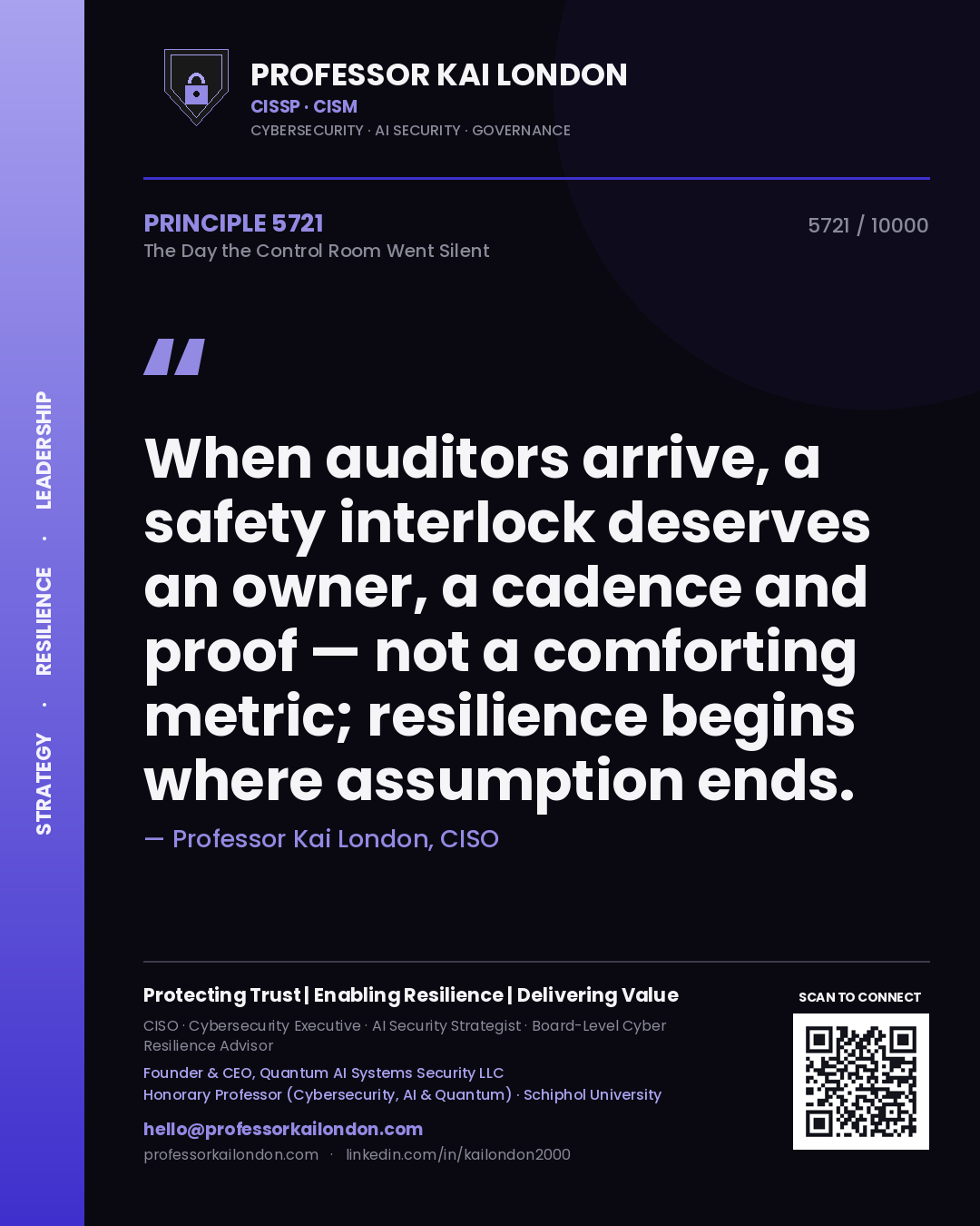 Quote card by Professor Kai London reading 'When auditors arrive, a safety interlock deserves an owner, a cadence and proof — not a comforting metric; resilience begins where assumption ends.'. From the book The Day the Control Room Went Silent.