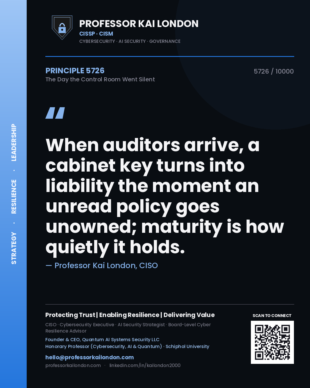 Quote card by Professor Kai London reading 'When auditors arrive, a cabinet key turns into liability the moment an unread policy goes unowned; maturity is how quietly it holds.'. From the book The Day the Control Room Went Silent.
