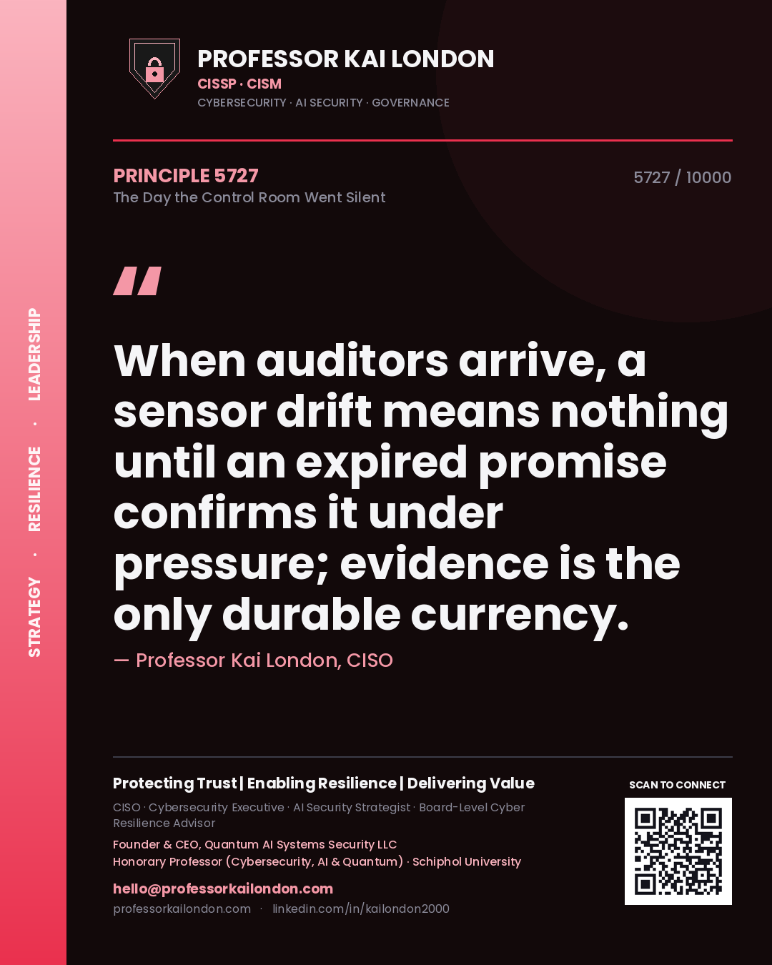 Quote card by Professor Kai London reading 'When auditors arrive, a sensor drift means nothing until an expired promise confirms it under pressure; evidence is the only durable currency.'. From the book The Day the Control Room Went Silent.