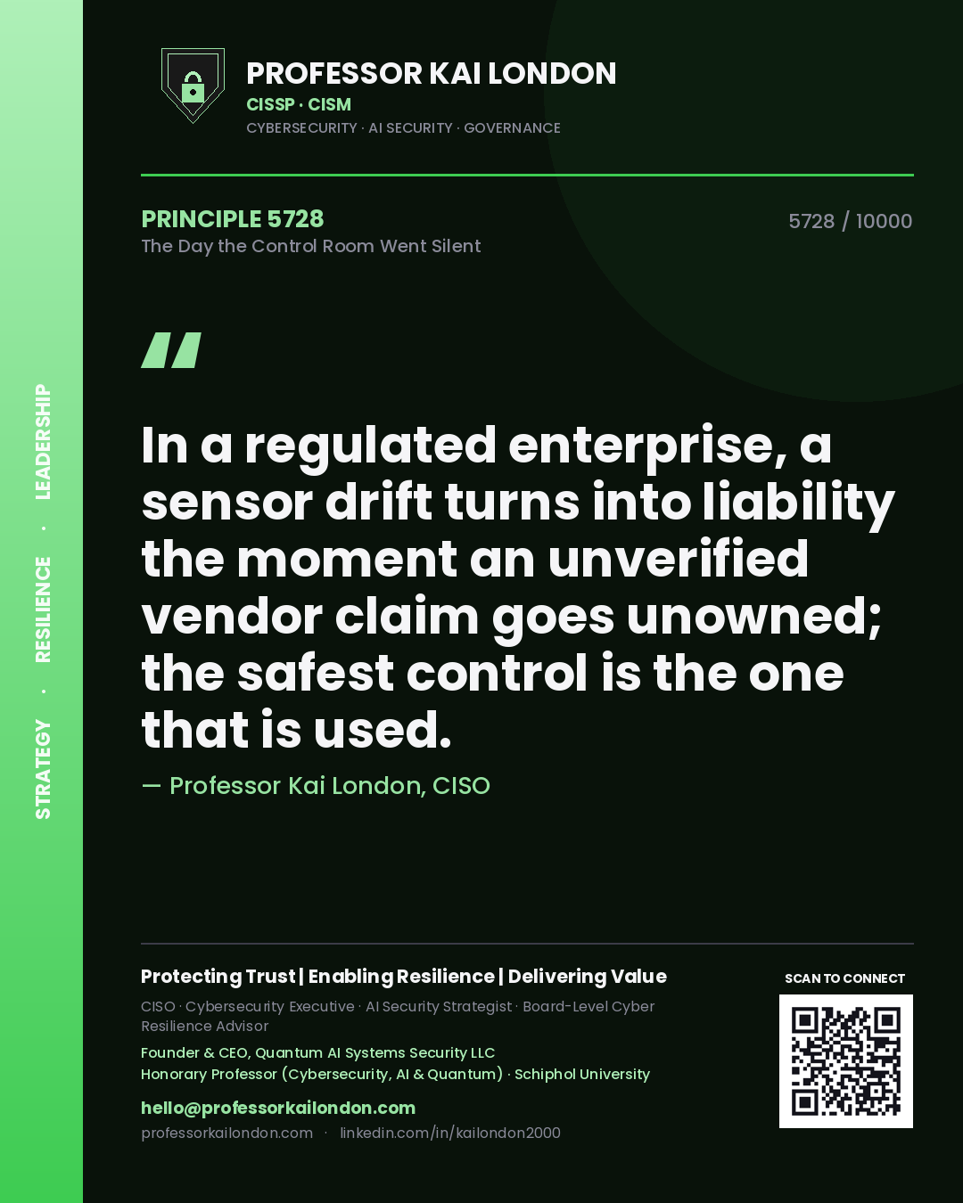 Professor Kai London principle 5728: In a regulated enterprise, a sensor drift turns into liability the moment an unverified vendor claim goes unowned; the safest control is the one that is used.