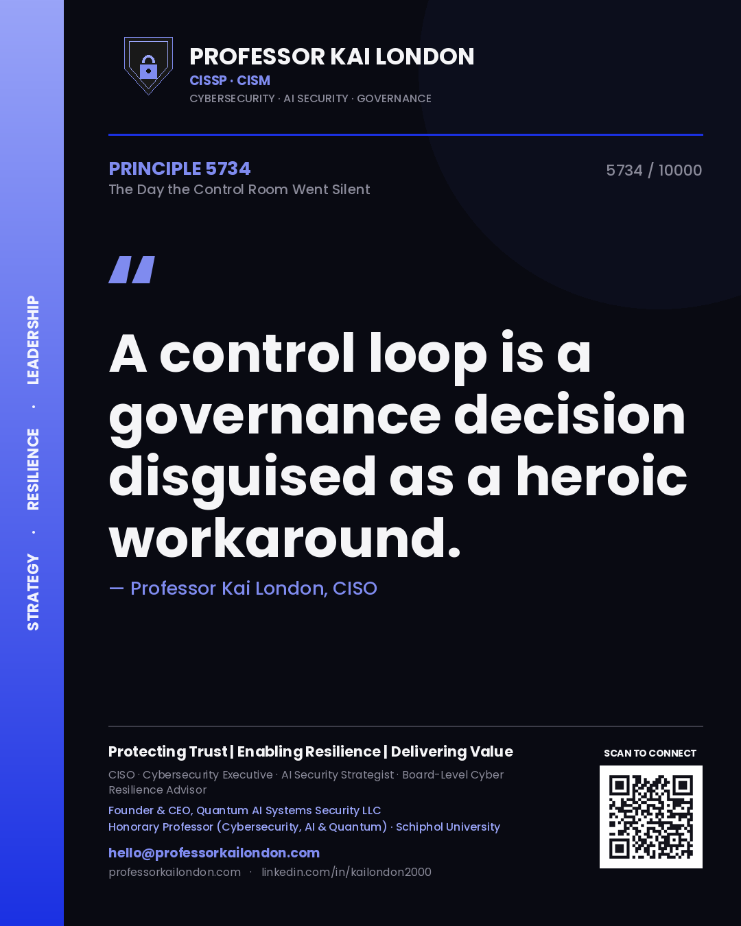 Quote card by Professor Kai London reading 'A control loop is a governance decision disguised as a heroic workaround.'. From the book The Day the Control Room Went Silent.
