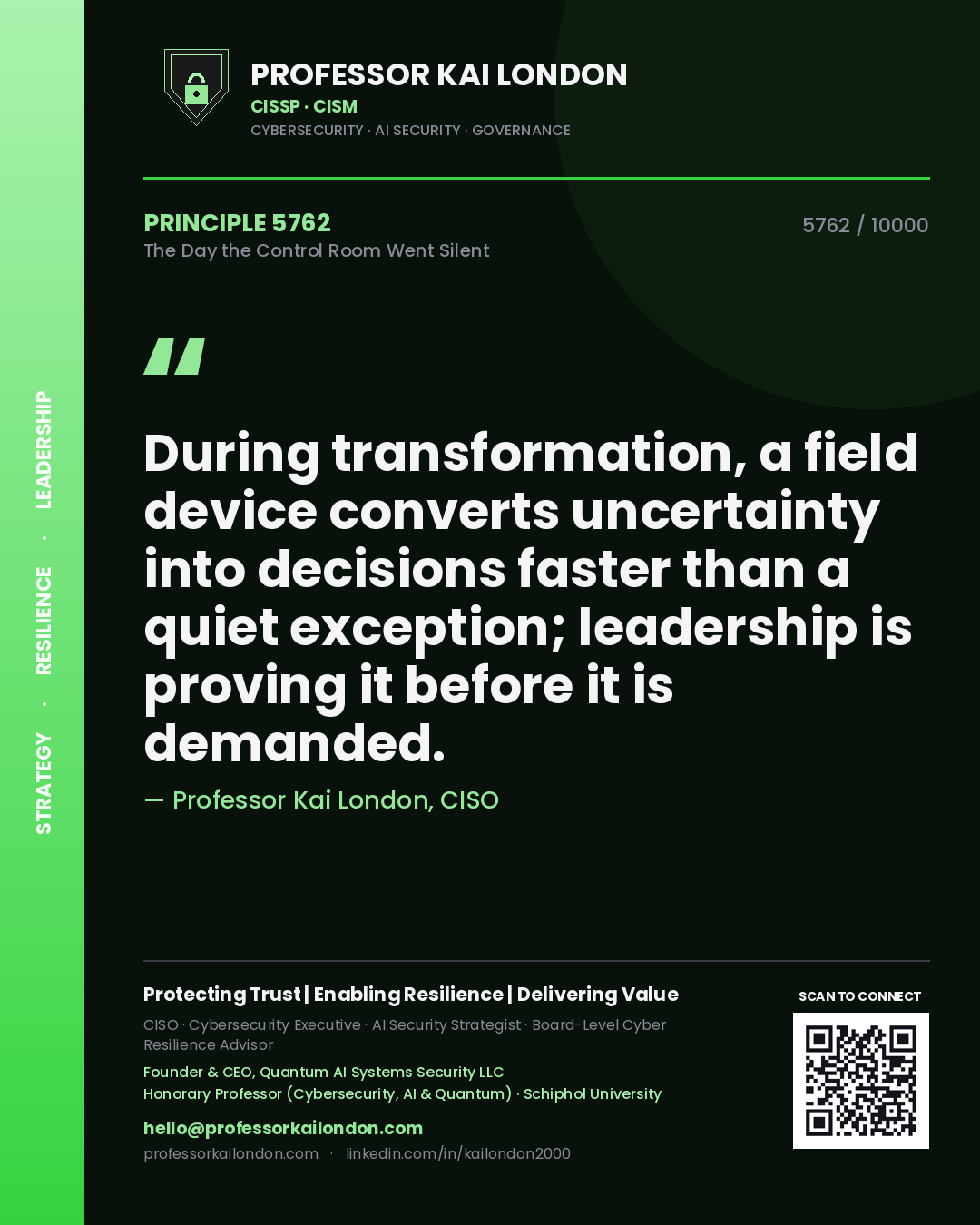 Quote card by Professor Kai London reading 'During transformation, a field device converts uncertainty into decisions faster than a quiet exception; leadership is proving it before it is demanded.'. From the book The Day the Control Room Went Silent.