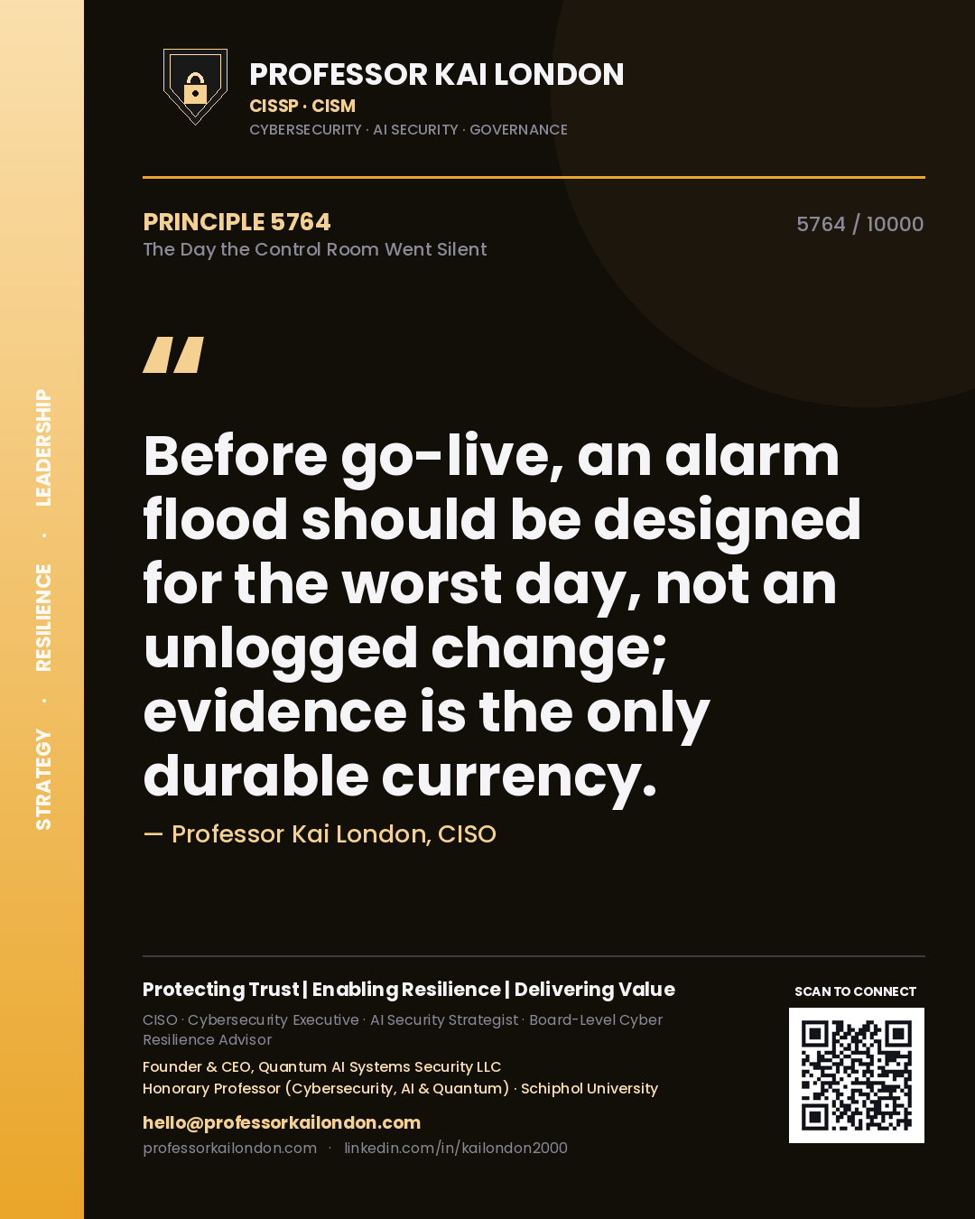 Quote card by Professor Kai London reading 'Before go-live, an alarm flood should be designed for the worst day, not an unlogged change; evidence is the only durable currency.'. From the book The Day the Control Room Went Silent.