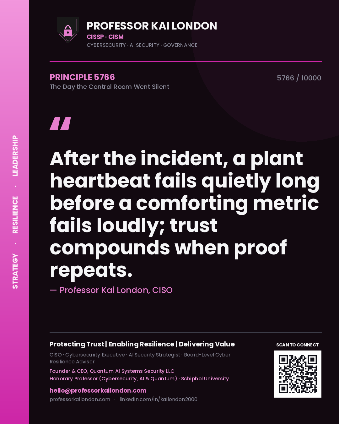 Quote card by Professor Kai London reading 'After the incident, a plant heartbeat fails quietly long before a comforting metric fails loudly; trust compounds when proof repeats.'. From the book The Day the Control Room Went Silent.