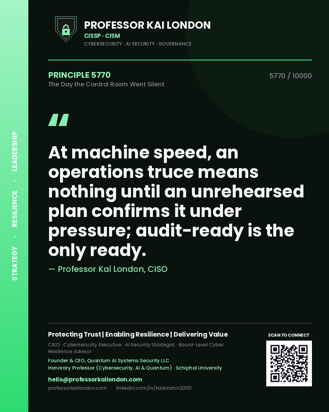 Quote card by Professor Kai London reading 'At machine speed, an operations truce means nothing until an unrehearsed plan confirms it under pressure; audit-ready is the only ready.'. From the book The Day the Control Room Went Silent.