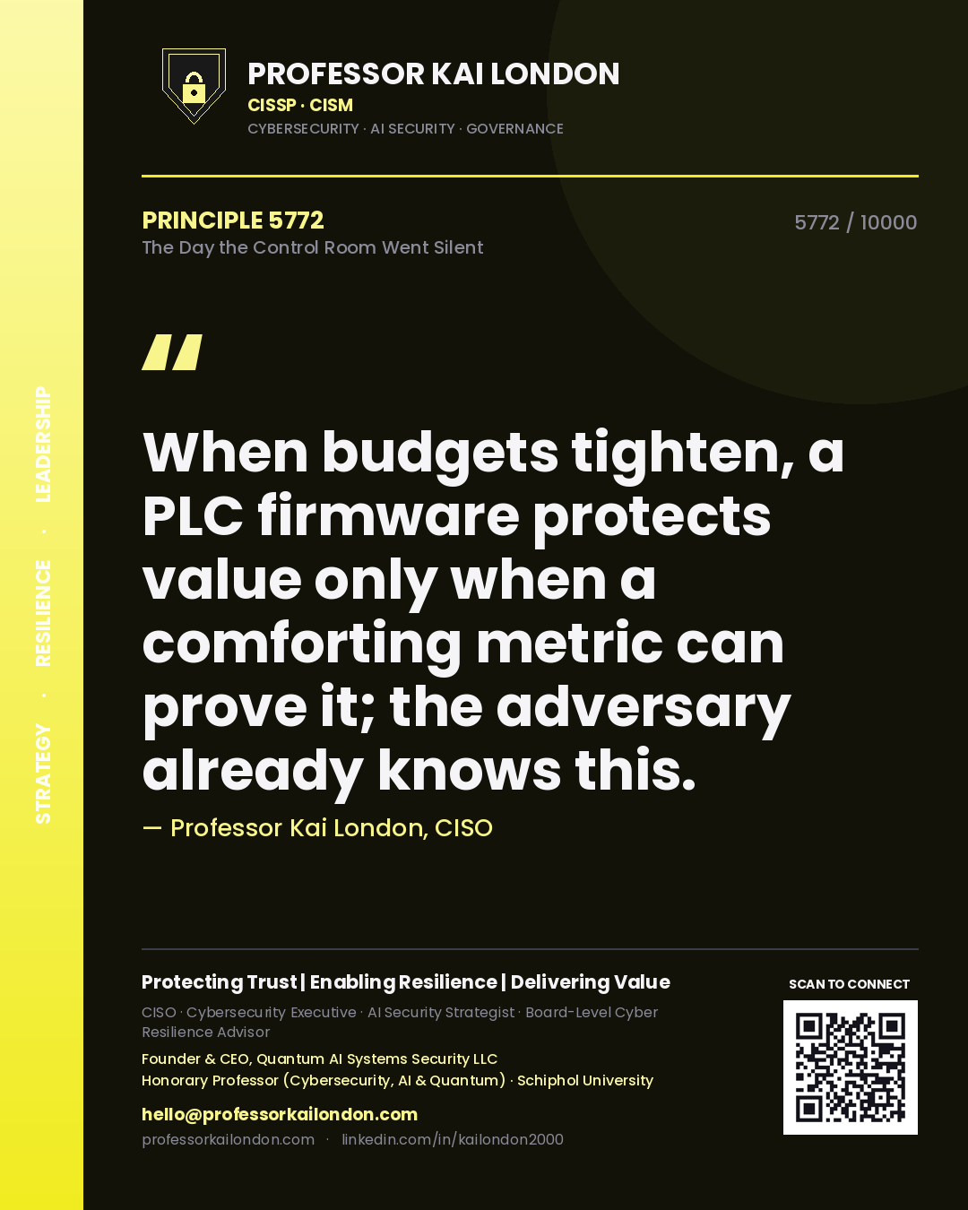 Quote card by Professor Kai London reading 'When budgets tighten, a PLC firmware protects value only when a comforting metric can prove it; the adversary already knows this.'. From the book The Day the Control Room Went Silent.