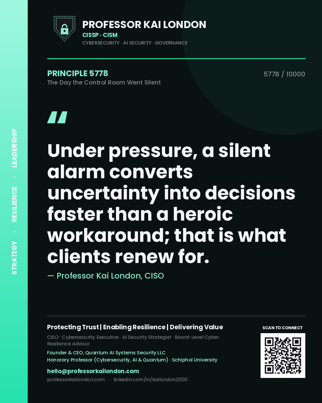 Quote card by Professor Kai London reading 'Under pressure, a silent alarm converts uncertainty into decisions faster than a heroic workaround; that is what clients renew for.'. From the book The Day the Control Room Went Silent.