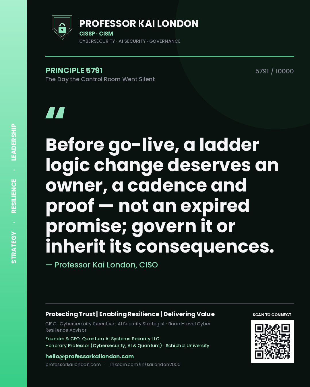 Quote card by Professor Kai London reading 'Before go-live, a ladder logic change deserves an owner, a cadence and proof — not an expired promise; govern it or inherit its consequences.'. From the book The Day the Control Room Went Silent.