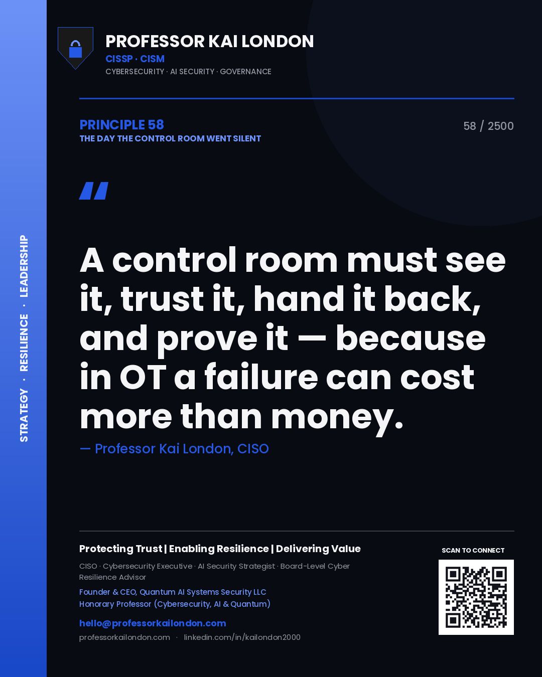 Professor Kai London principle 58: A control room must see it, trust it, hand it back, and prove it — because in OT a failure can cost more than money.