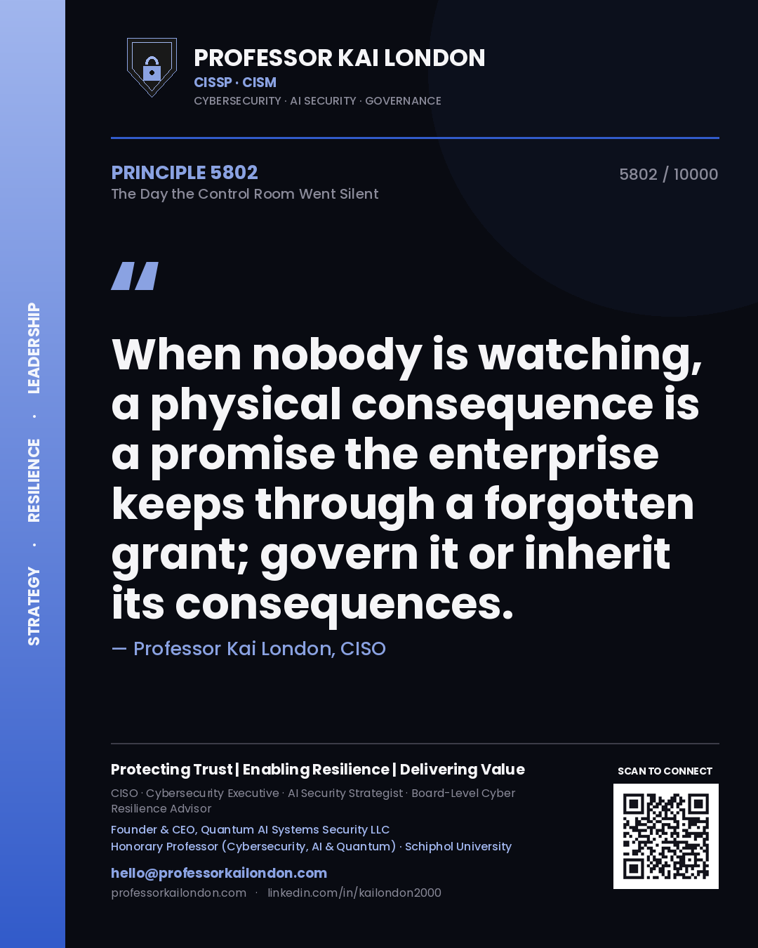Professor Kai London principle 5802: When nobody is watching, a physical consequence is a promise the enterprise keeps through a forgotten grant; govern it or inherit its consequences.