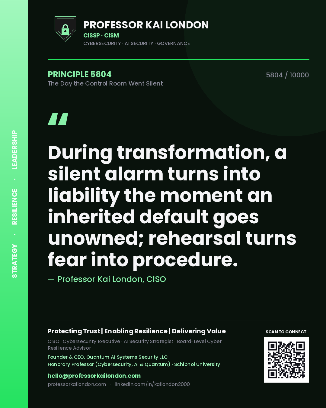 Professor Kai London principle 5804: During transformation, a silent alarm turns into liability the moment an inherited default goes unowned; rehearsal turns fear into procedure.