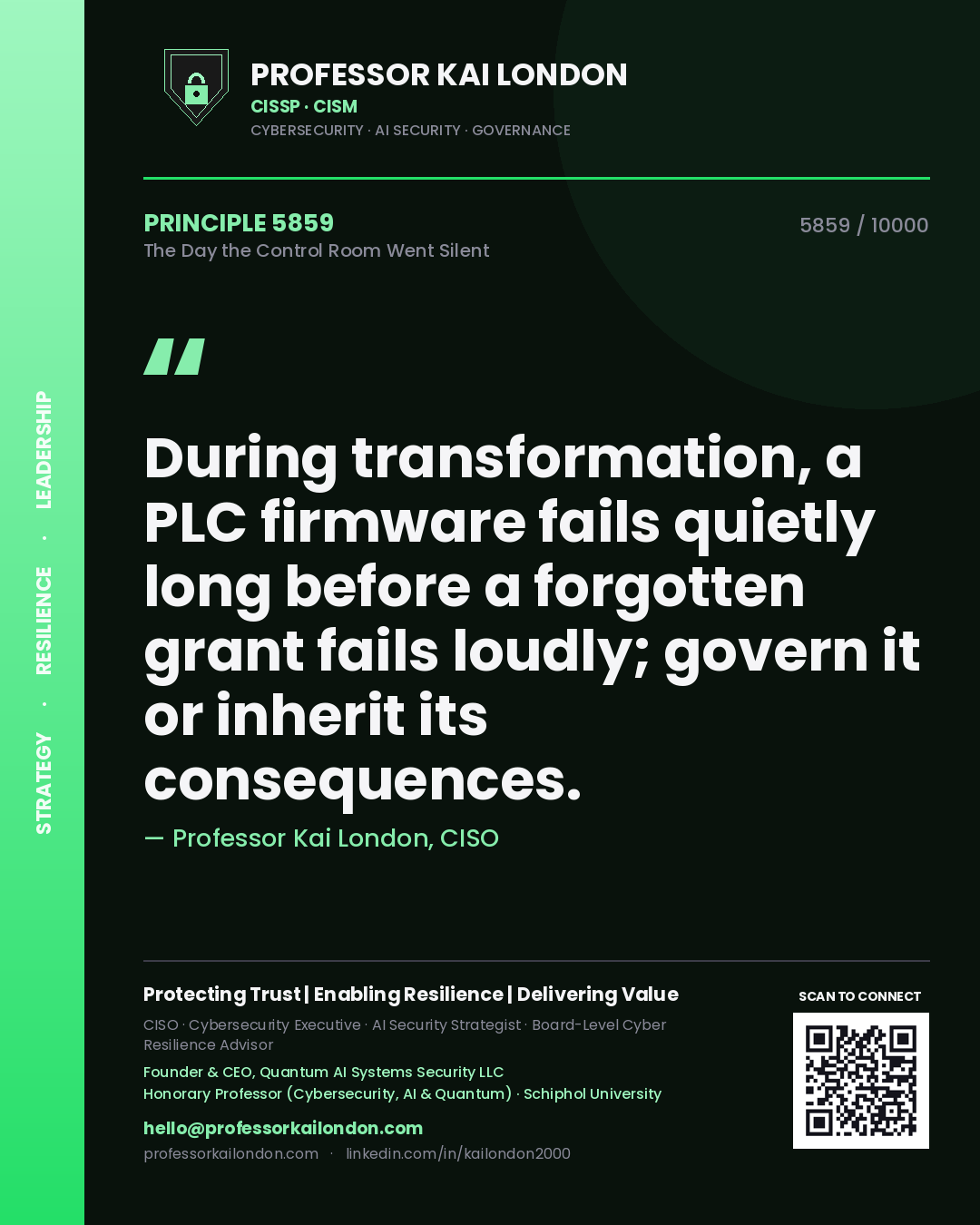 Professor Kai London principle 5859: During transformation, a PLC firmware fails quietly long before a forgotten grant fails loudly; govern it or inherit its consequences.
