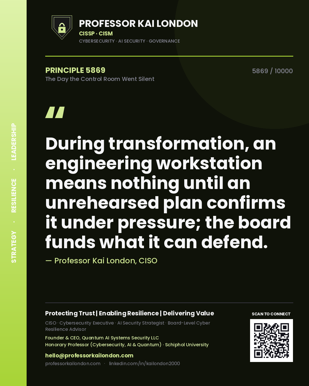 Professor Kai London principle 5869: During transformation, an engineering workstation means nothing until an unrehearsed plan confirms it under pressure; the board funds what it can defend.