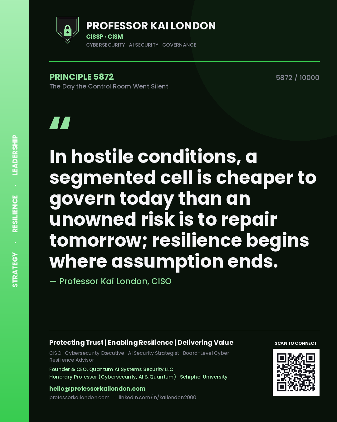 Professor Kai London principle 5872: In hostile conditions, a segmented cell is cheaper to govern today than an unowned risk is to repair tomorrow; resilience begins where assumption ends.