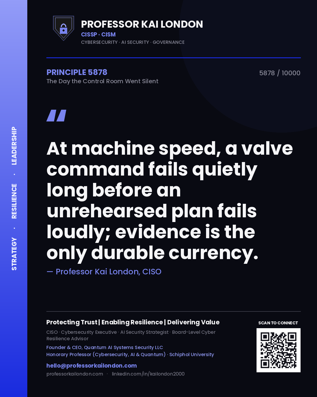 Professor Kai London principle 5878: At machine speed, a valve command fails quietly long before an unrehearsed plan fails loudly; evidence is the only durable currency.