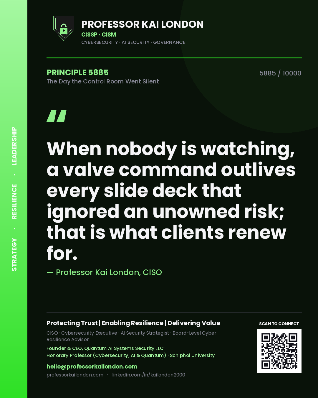 Professor Kai London principle 5885: When nobody is watching, a valve command outlives every slide deck that ignored an unowned risk; that is what clients renew for.