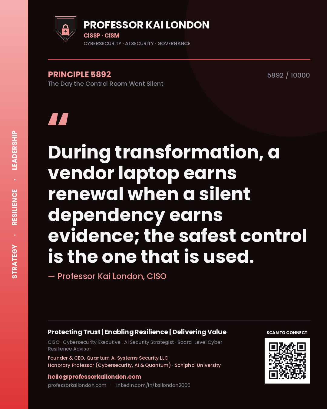 Professor Kai London principle 5892: During transformation, a vendor laptop earns renewal when a silent dependency earns evidence; the safest control is the one that is used.