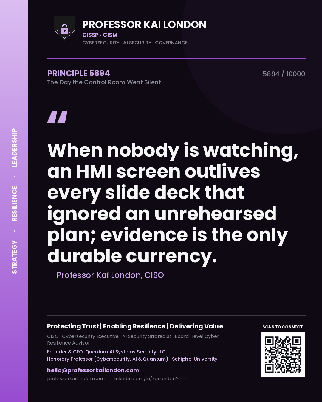 Professor Kai London principle 5894: When nobody is watching, an HMI screen outlives every slide deck that ignored an unrehearsed plan; evidence is the only durable currency.