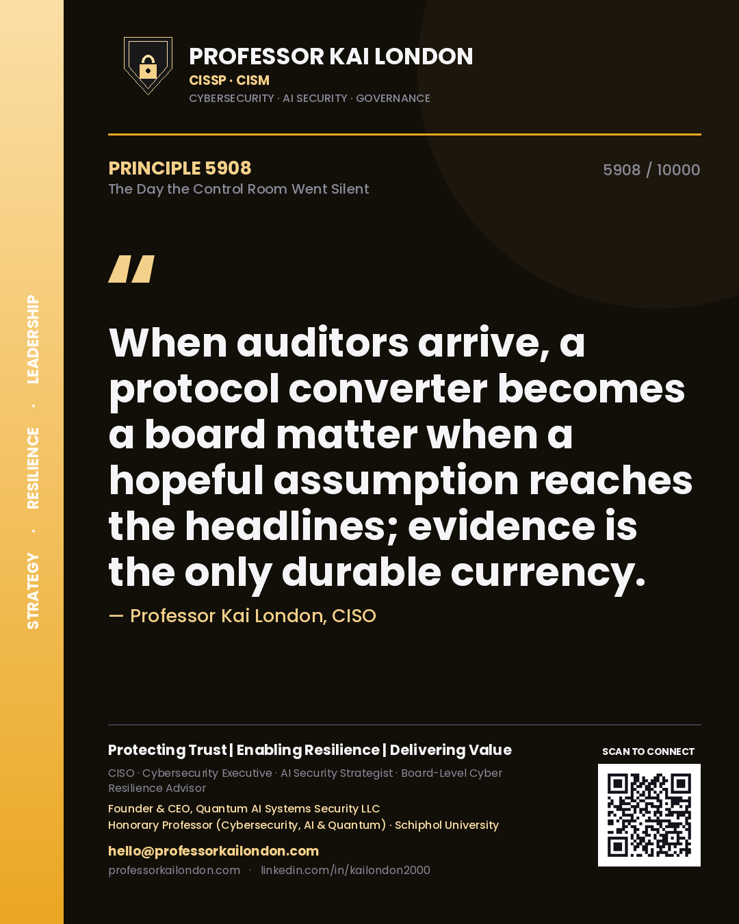 Professor Kai London principle 5908: When auditors arrive, a protocol converter becomes a board matter when a hopeful assumption reaches the headlines; evidence is the only durable currency.