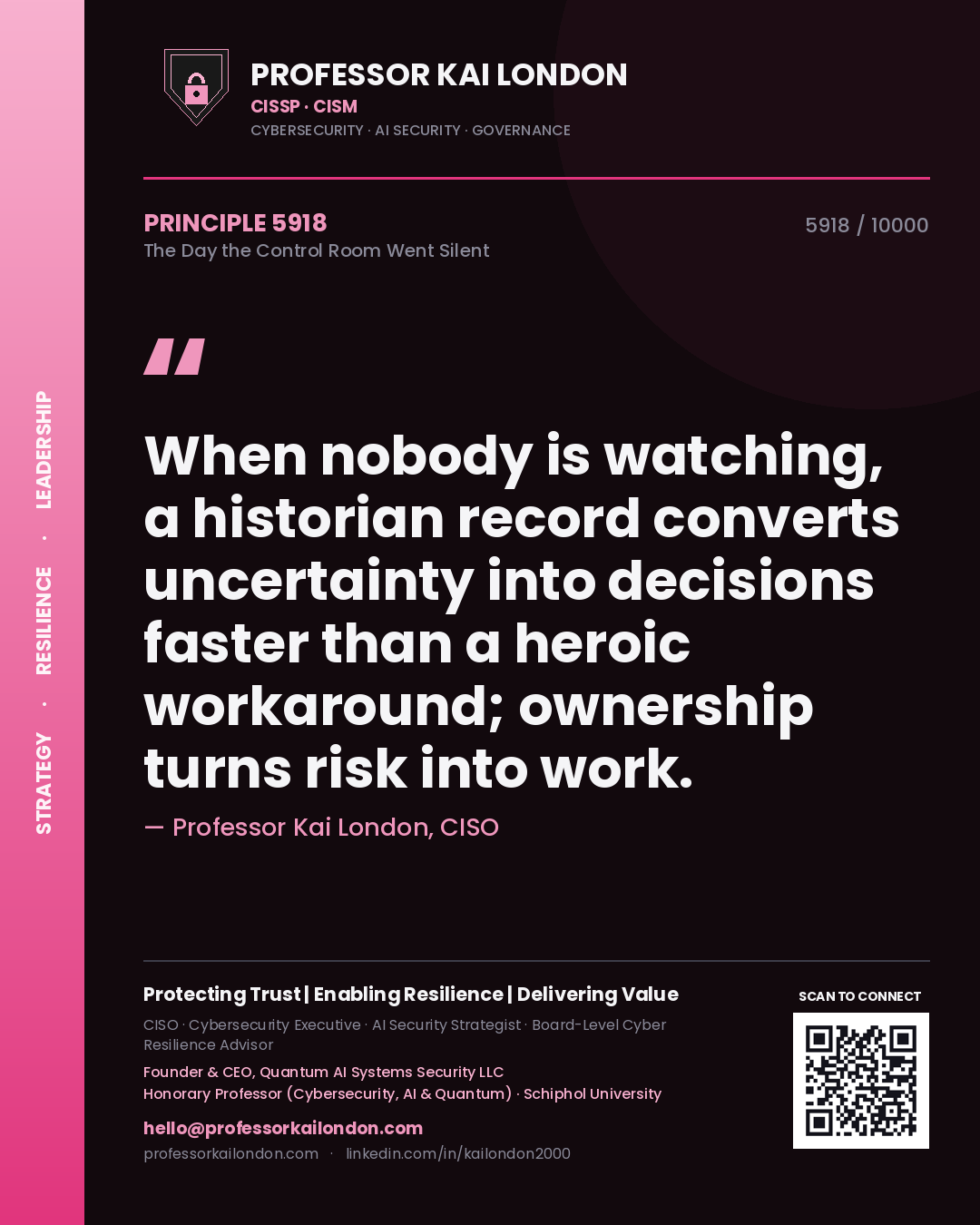 Professor Kai London principle 5918: When nobody is watching, a historian record converts uncertainty into decisions faster than a heroic workaround; ownership turns risk into work.