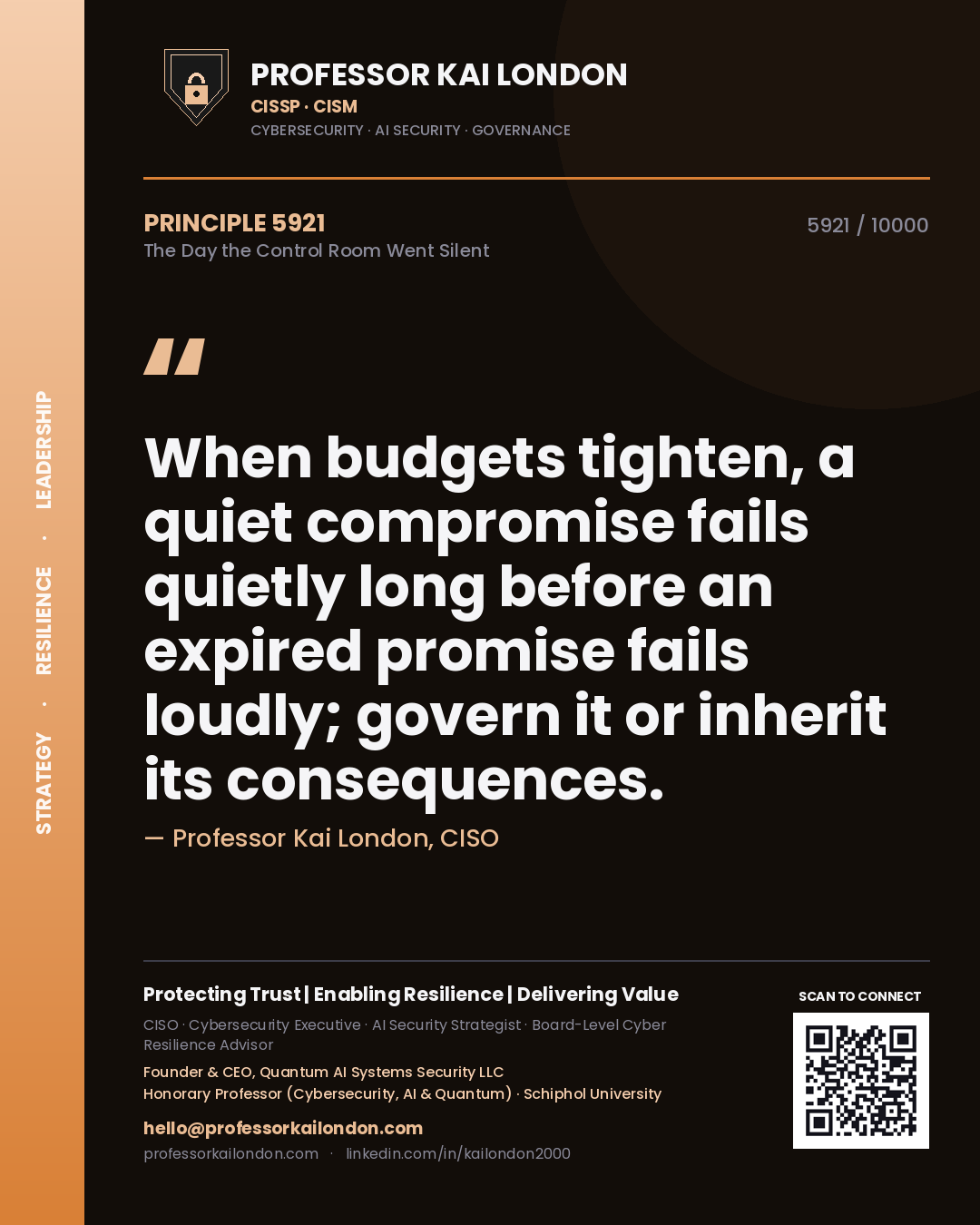 Professor Kai London principle 5921: When budgets tighten, a quiet compromise fails quietly long before an expired promise fails loudly; govern it or inherit its consequences.