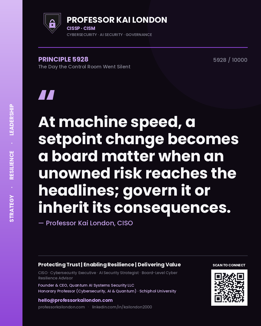 Professor Kai London principle 5928: At machine speed, a setpoint change becomes a board matter when an unowned risk reaches the headlines; govern it or inherit its consequences.