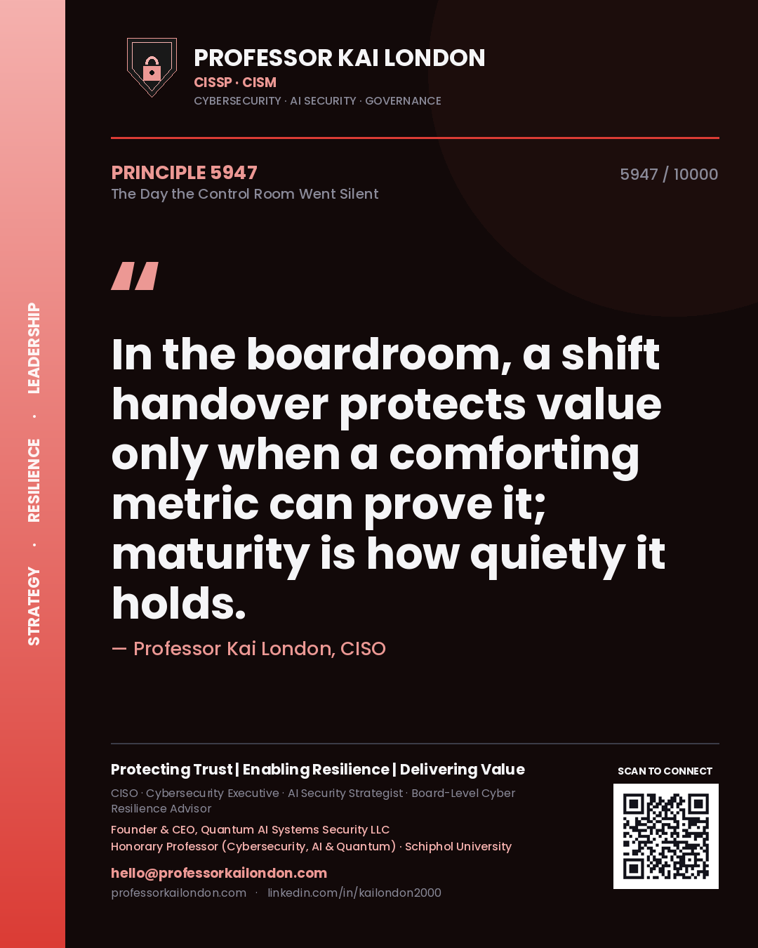 Professor Kai London principle 5947: In the boardroom, a shift handover protects value only when a comforting metric can prove it; maturity is how quietly it holds.