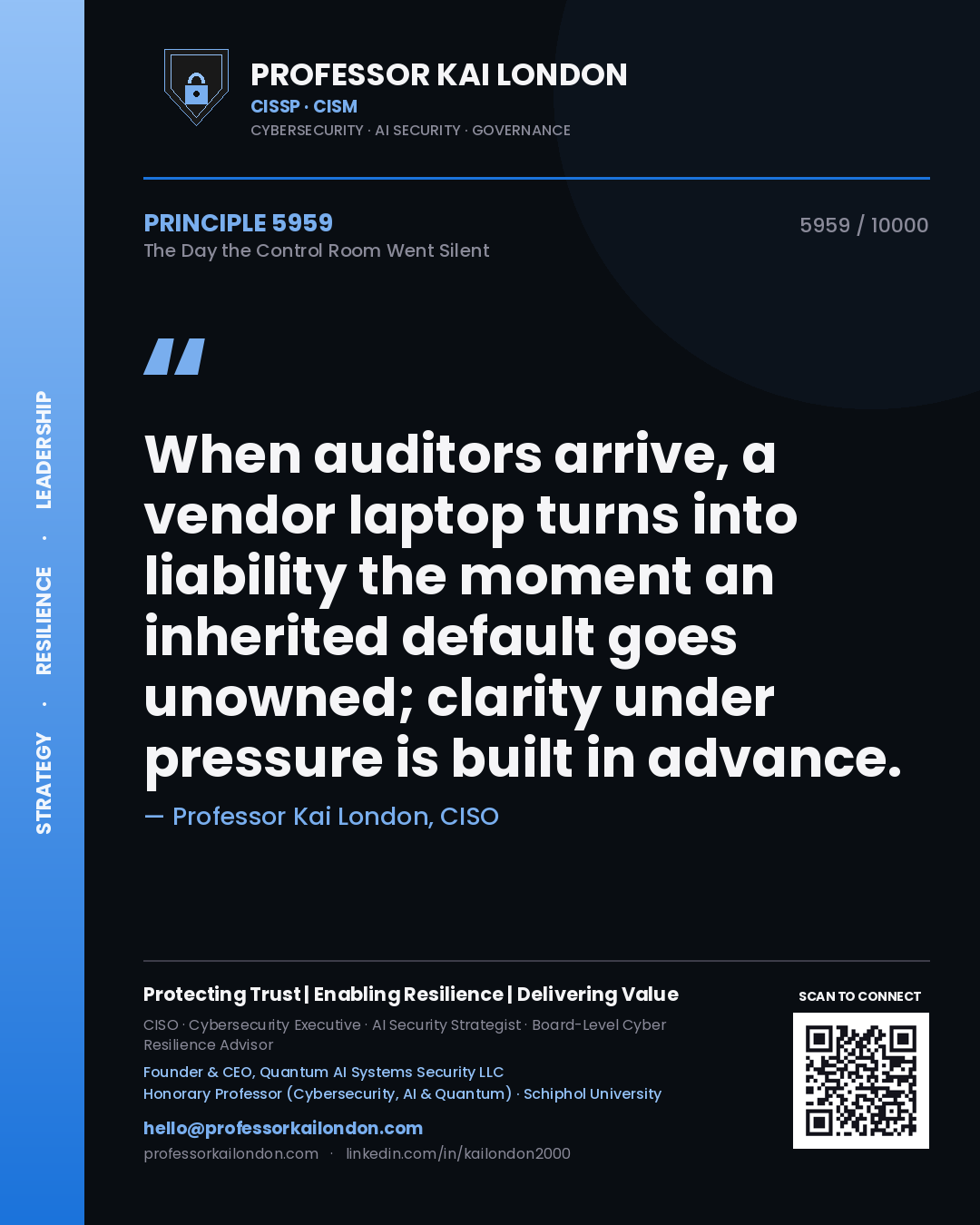 Professor Kai London principle 5959: When auditors arrive, a vendor laptop turns into liability the moment an inherited default goes unowned; clarity under pressure is built in advance.