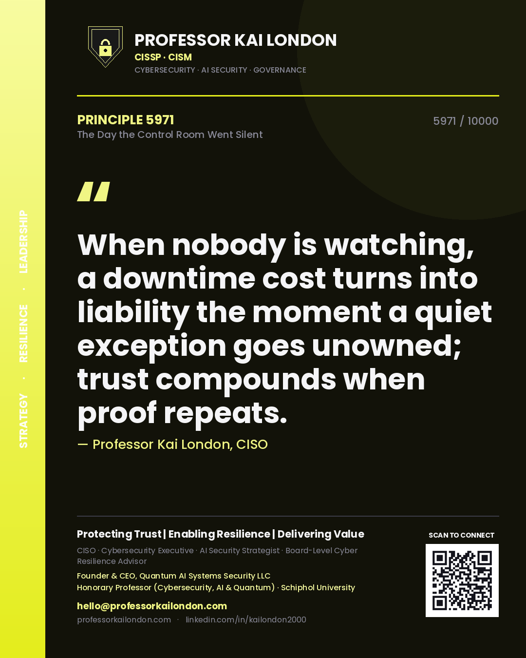 Professor Kai London principle 5971: When nobody is watching, a downtime cost turns into liability the moment a quiet exception goes unowned; trust compounds when proof repeats.