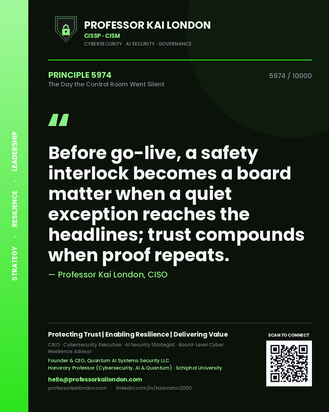 Professor Kai London principle 5974: Before go-live, a safety interlock becomes a board matter when a quiet exception reaches the headlines; trust compounds when proof repeats.