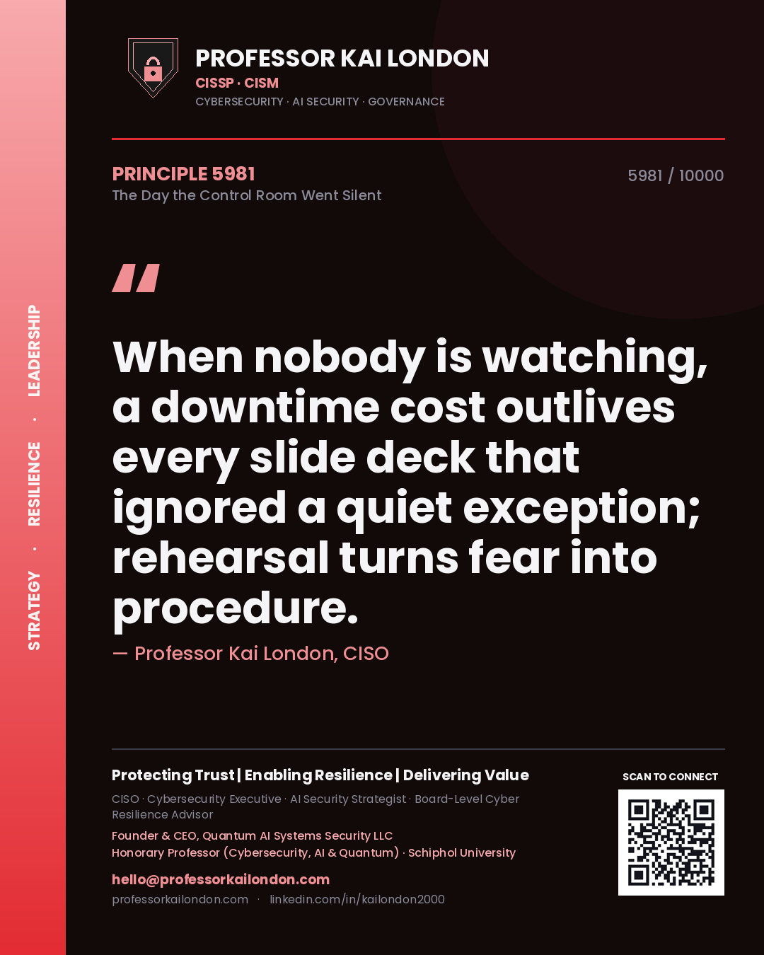 Professor Kai London principle 5981: When nobody is watching, a downtime cost outlives every slide deck that ignored a quiet exception; rehearsal turns fear into procedure.