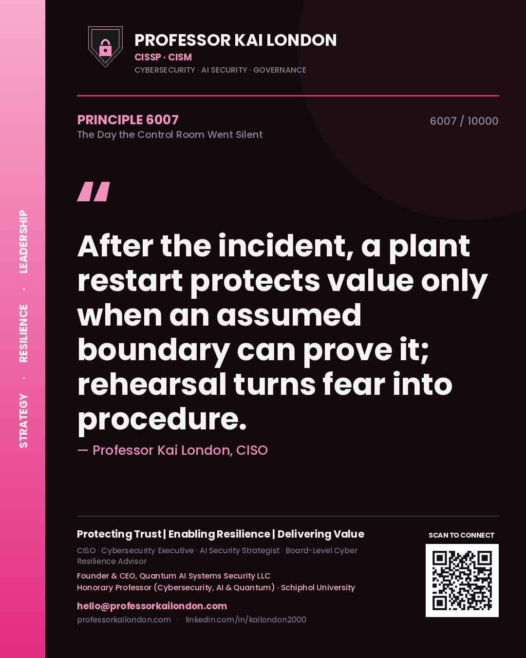 Professor Kai London principle 6007: After the incident, a plant restart protects value only when an assumed boundary can prove it; rehearsal turns fear into procedure.