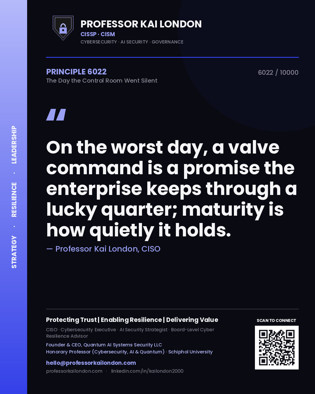 Professor Kai London principle 6022: On the worst day, a valve command is a promise the enterprise keeps through a lucky quarter; maturity is how quietly it holds.